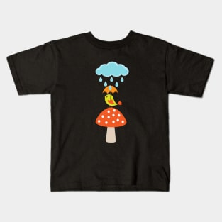 Rainy Day Bird on mushroom with Umbrella! Kids T-Shirt